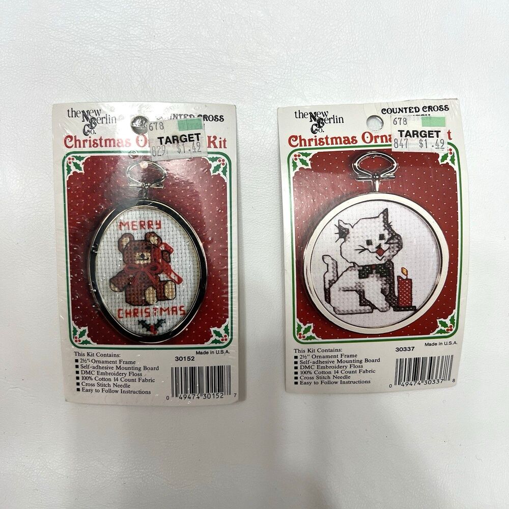 The New Berlin Co Cross Stitch Christmas Ornament Bundle Cat Teddy Bear Craft